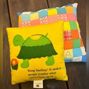 Vintage 70’s Yellow Turtle and Funky Quilt Decorative Pillow Set
